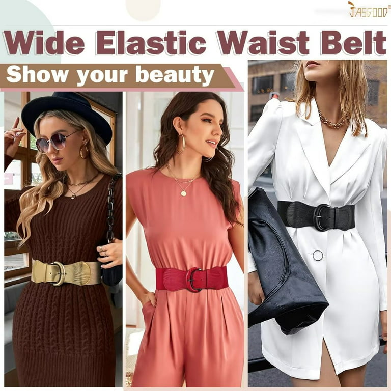 JASGOOD 2 Pack Women Wide Elastic Waist Belt Stretch Leather Belts for  Ladies Dresses