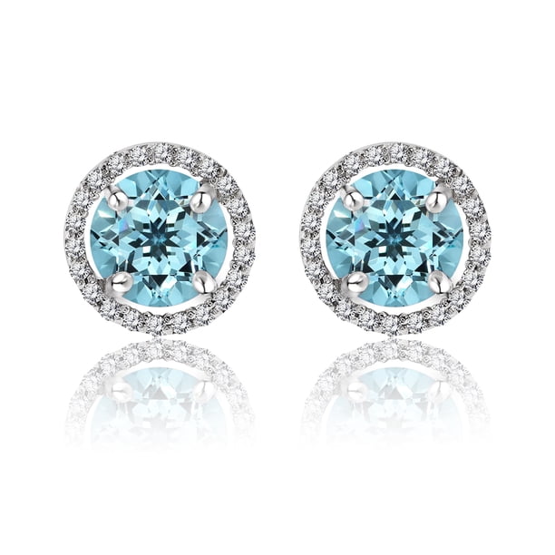Pendientes de Botón JeenMata Halo de Topacio Azul 1,25 Quilates Oro Blanco 18 K Plata