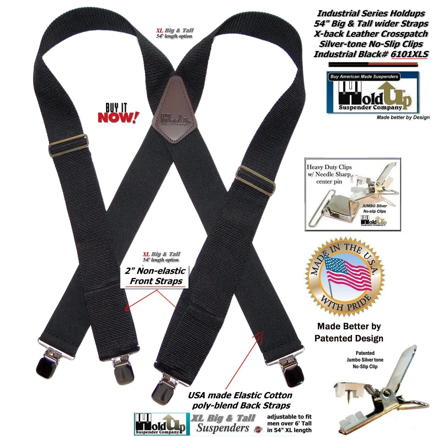Holdup XL Black Industrial Series Non-elastic Suspenders with No-slip