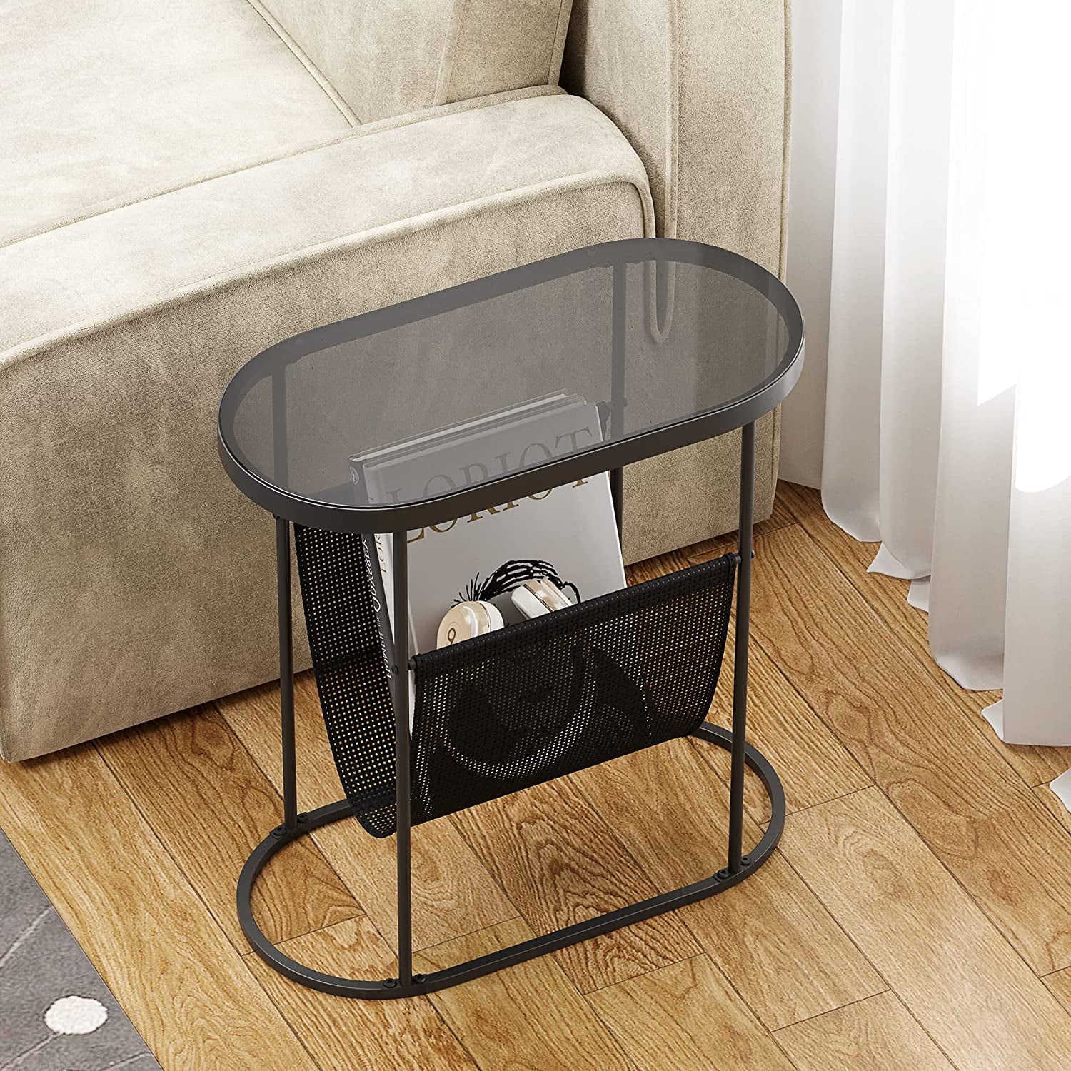 SHMAMT Small Glass End Table for Small Space, Narrow Oval Side Tables