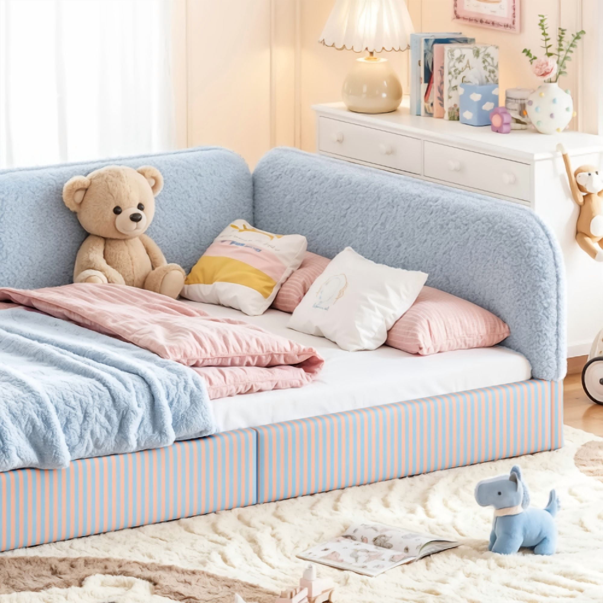 Full Size Upholstered Teddy Fleece Floor Bed Frame, Half-Enclosed Montessori Low Profile Platform Bed with Full-Perimeter Guardrails for Kids, Blue