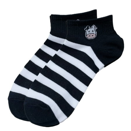 

Women Summer Short Ankle Socks Korean Harajuku Sweet Milk Cow Pattern Black White Striped Print Shallow Cotton Hosiery