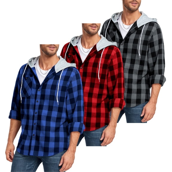 SPEEDRUN 3 Pack Men's Hooded Flannel Shirts Casual Button Down Plaid Shirt Long Sleeve with Pockets, Size XL