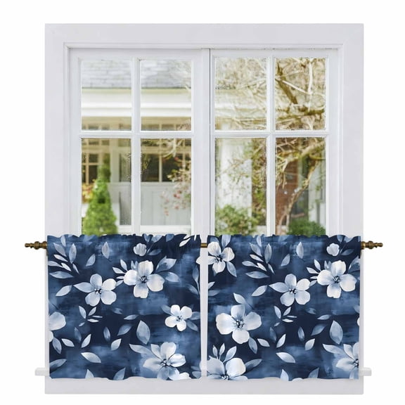 Navy Blue Spring Floral Tier Curtains, Summer Flowers Watercolor Botanical Light Filtering Kitchen Curtains, 2Pcs Rod Pocket Half Window Treatments Panels for Sink Cafe Cabinet Camper 27.5x24 Inches