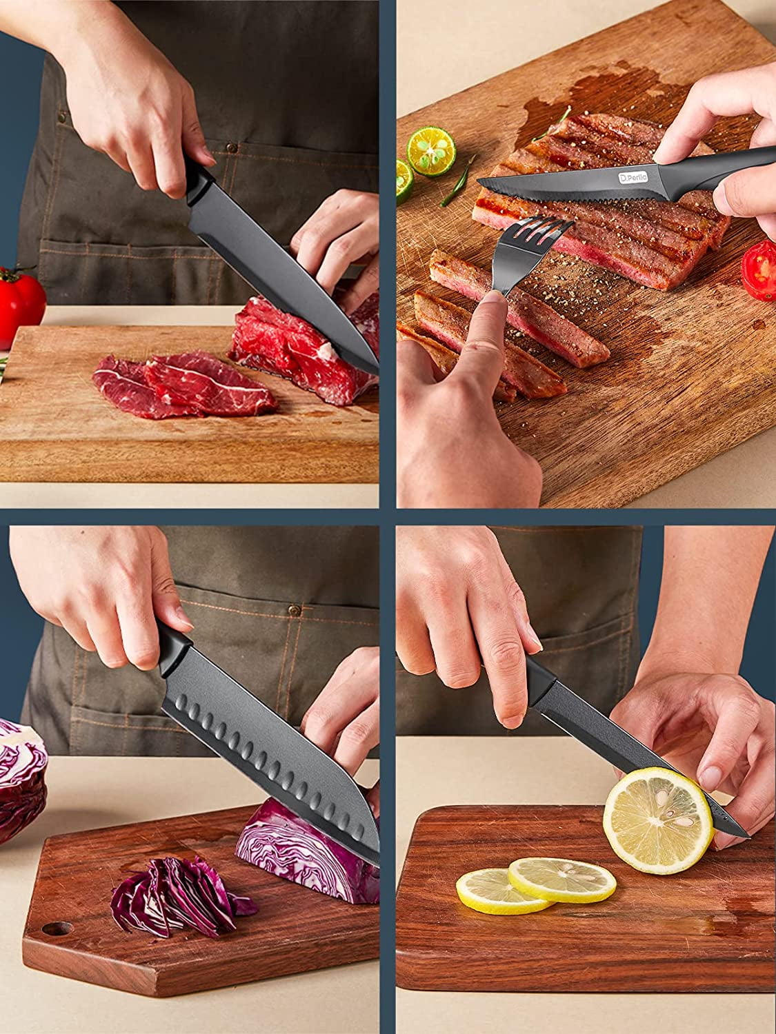 Deik Knife Set 6 Piece, Black Chef Knives with Sharp Blades Nonstick Coating Easy Grip Handle