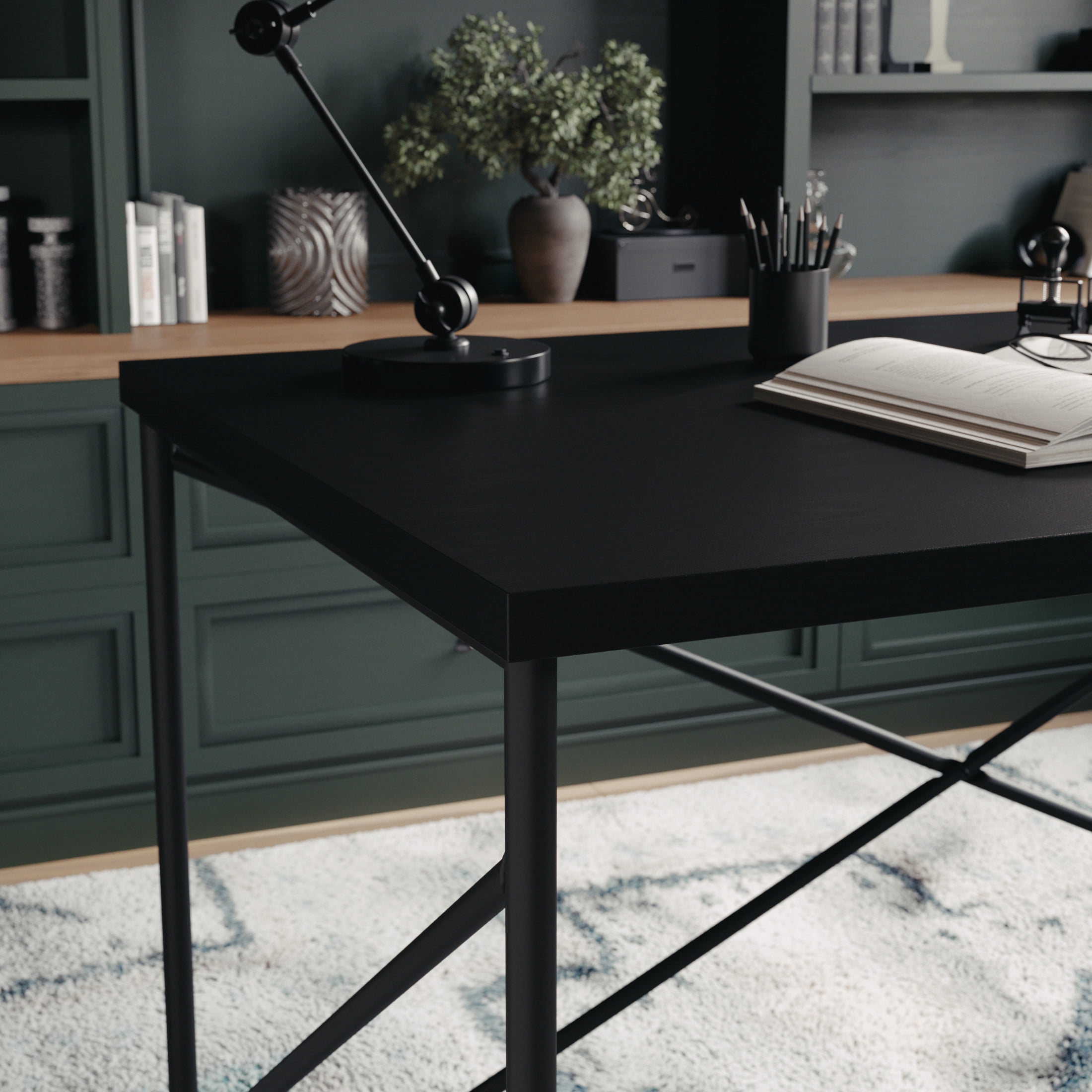 Martha Stewart Maddox Home Office Parsons Desk in Black Wood Grain with Oil Rubbed Bronze Metal X-Frame