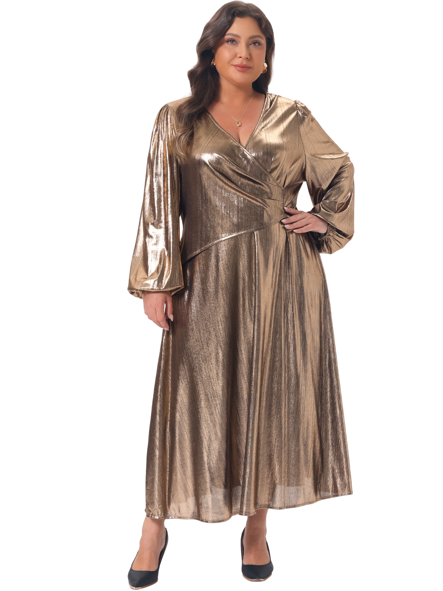 DARING DIVA Women's Plus Metallic A-Line V Neck Lantern Sleeve Dress 2X Gold