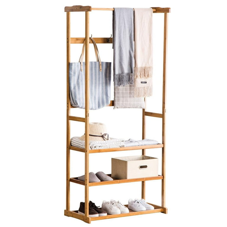 Homykic Large Bamboo Closet System Clothes Rack, Freestanding Garment Rakc  with 5 Hanging Rods, 7 Open Shelves, 70”W x 77”H x 18 D, Lightweight, Easy