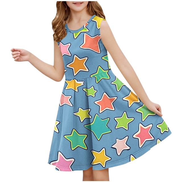RXIRUCGD 2025 Summer Clothes for Kids Girls Sleeveless Stretchy Dress A Line Twirly Skater School Recital Dress Short Sleeve Round Neck Dress