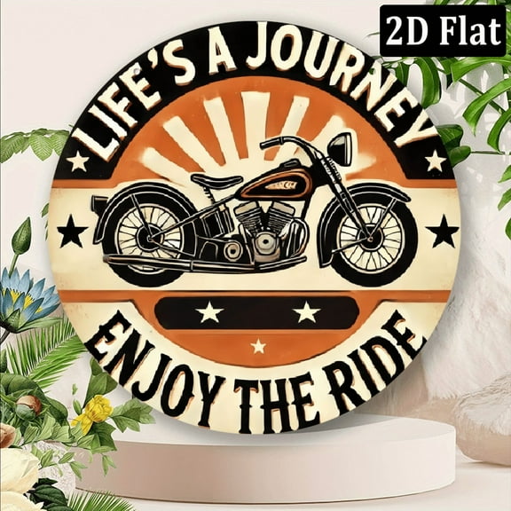 1pc Vintage Motorcycle Aluminum Sign 8x8 Inch Circular Wall Art - Humorous _Life's a Journey_ Metal Decor with Sunburst & Stars Design for Home, Garage, Bar, Cafe - Durable Outdoor_Indoor Gift for