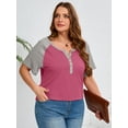 thumbnail image 3 of SHOWMALL Women's Plus Henley Shirts V-Neck Button-Up Short Raglan Sleeve Tops Purple Red 4X Color-block Casual Dressy Blouse, 3 of 8