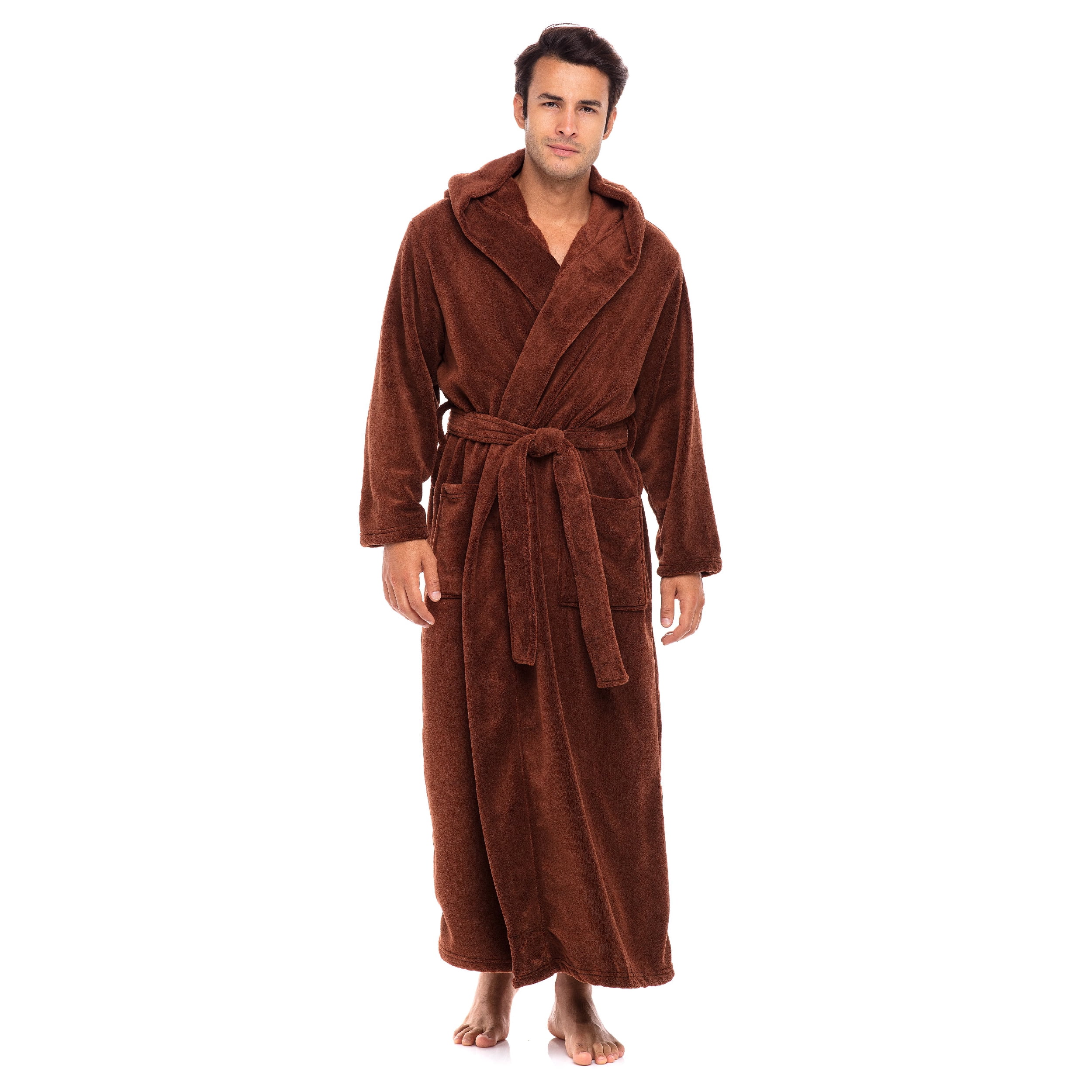 S-5XL Mens Plush Hooded Robe Full Length Long Big and Tall Soft Fleece Bathrobes Warm Shawl for Winter