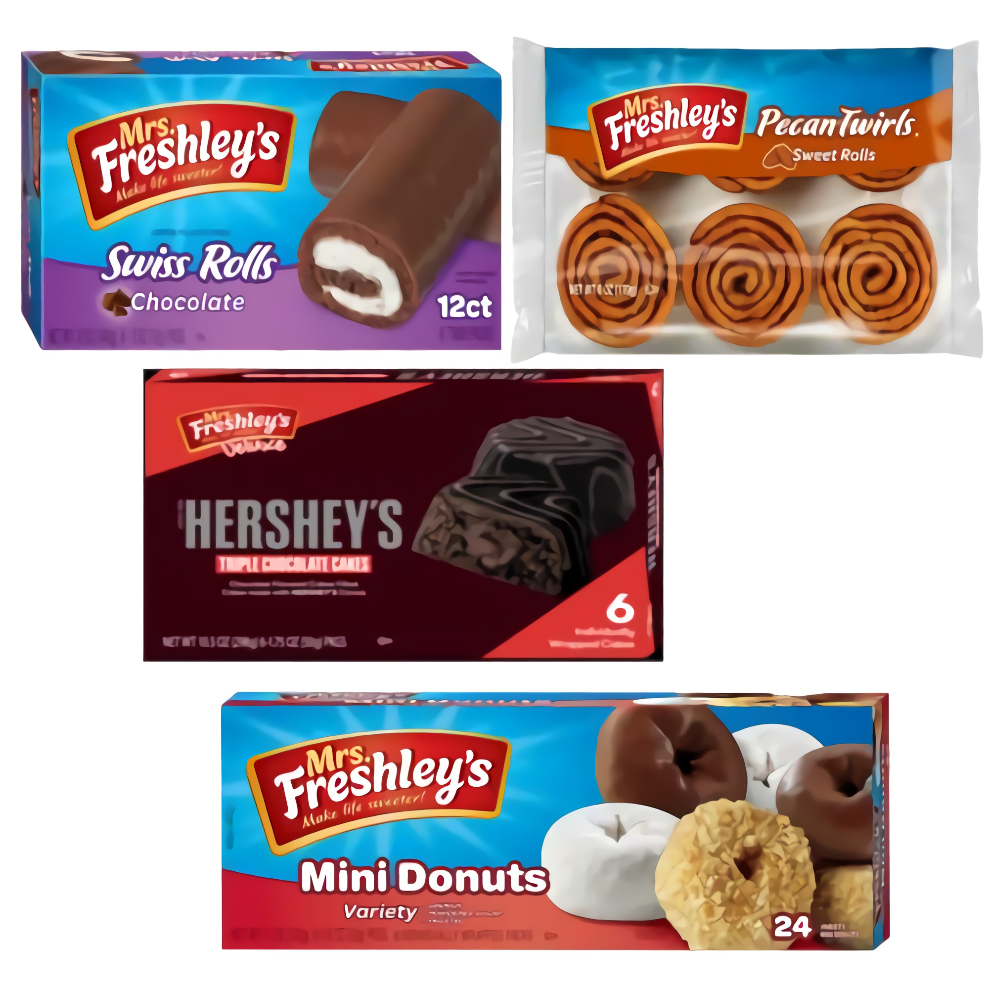 Mrs. Freshley's Snack Cakes Combo Packs by Tribeca Curations | (Pecan Spins / Honey Buns / Swiss Rolls / Donuts) 48 Count