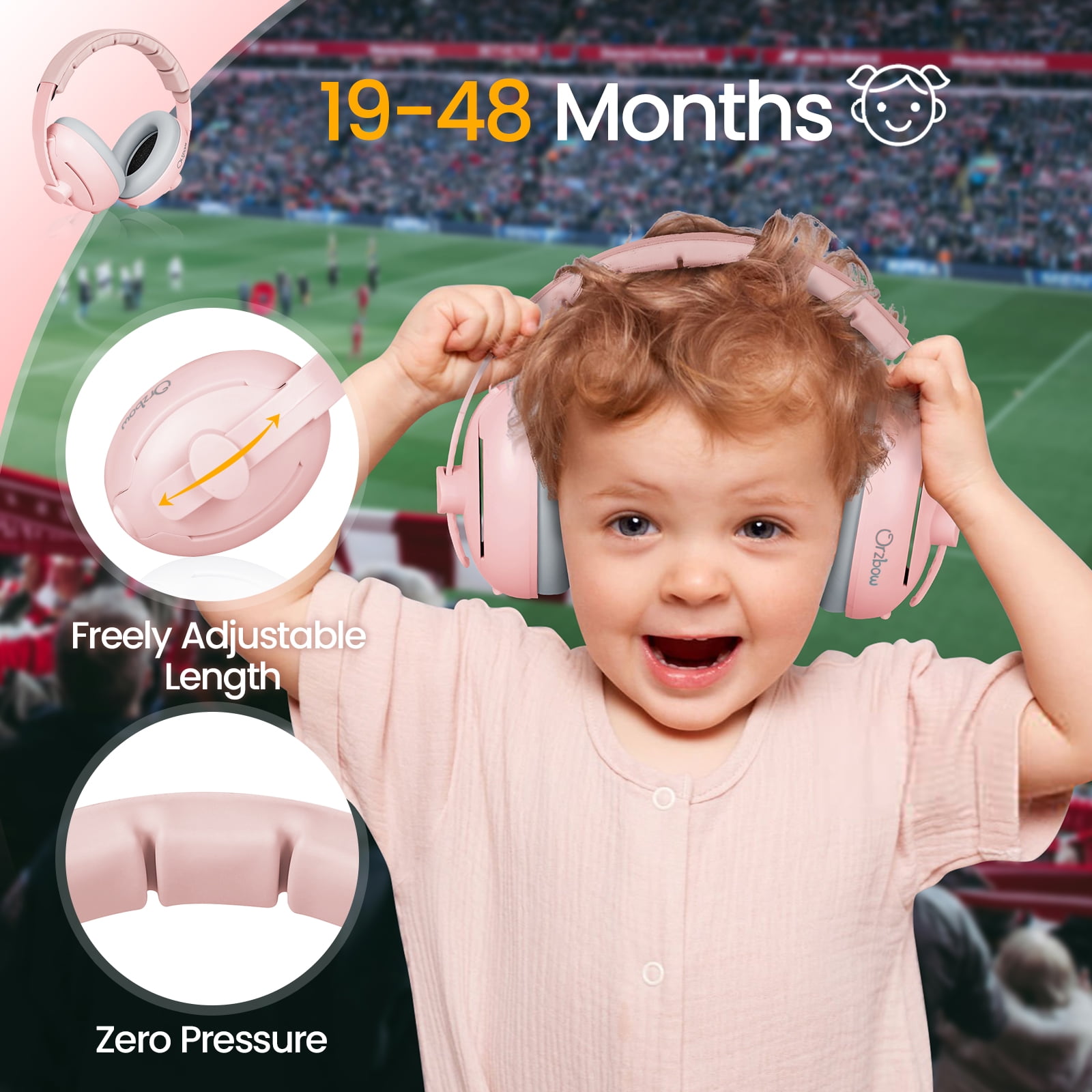 Orzbow 2-in-1 Baby Ear Muffs Noise Protection, Noise Cancelling Headphones for Babies up to 48 Months, Adjustable Infant Ear Protection with Non-Slip Band for Airplane Travel Sleep, Pink