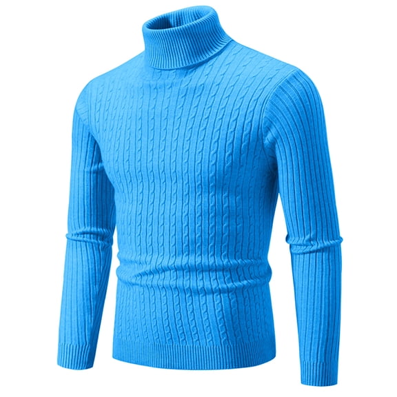 Wyobmus Men's Casual Slim Fit Sweater Vintage Knitted Lightweight Turtleneck Stretch Solid Pullover Sweater Sky Blue