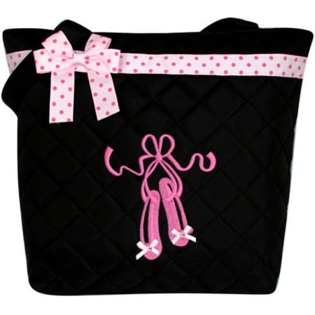 - Girl's Black Quilted Dance Ballet Slippers Tote Bag w/ Pink Polka Dot Bow BG806