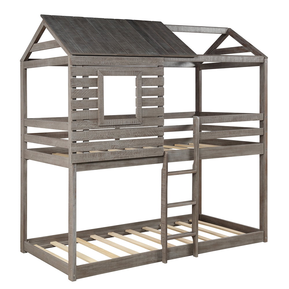 Kepooman Twin Over Twin Wood Bunk Bed with Roof & Window & Guardrail & Ladder for Kids, 77.8"L x 41"W x 83.1"H, Antique Gray Kepooman Twin Over Twin Wood Bunk Bed with Roof & Window & Guardrail & Ladder for Kids, 77.8"L x 41"W x 83.1"H, Antique Gray