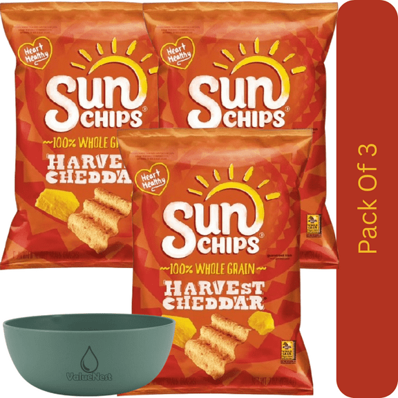 Sun Chips Harvest Cheddar Multigrain Snack Chips – 100% Whole Grain, 7 oz Bag With Olive Green Bowl By ValueNest