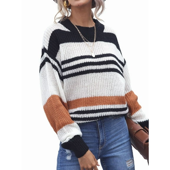 Women'S Fall Winter Striped Color Block Short Sweater Long Sleeve Crew Neck Loose Knit Pullover Tops Orange Color L