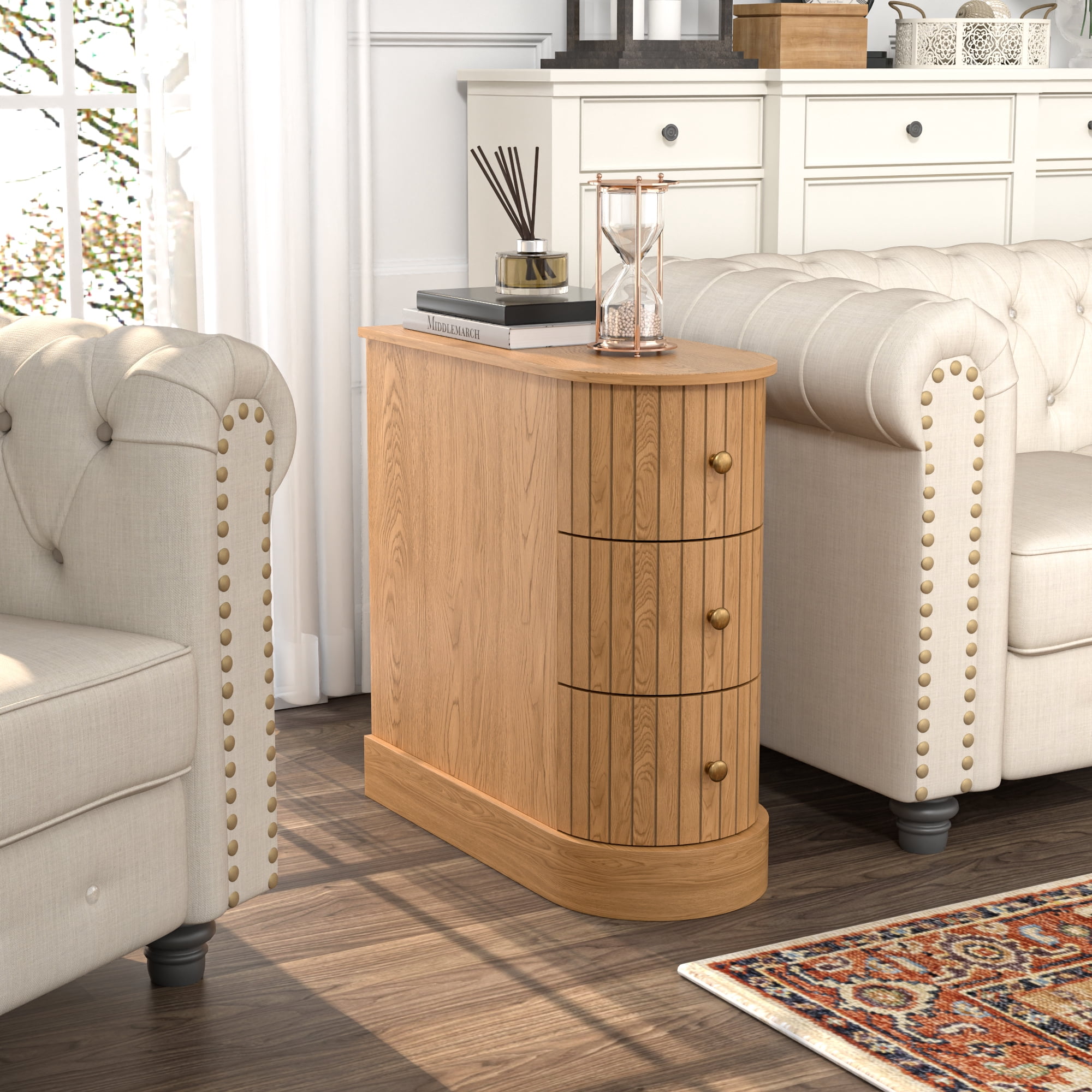 3 Drawers Wood End Table, Narrow Sofa Side Table for Living Room, Slim Nightstand Bedside Table