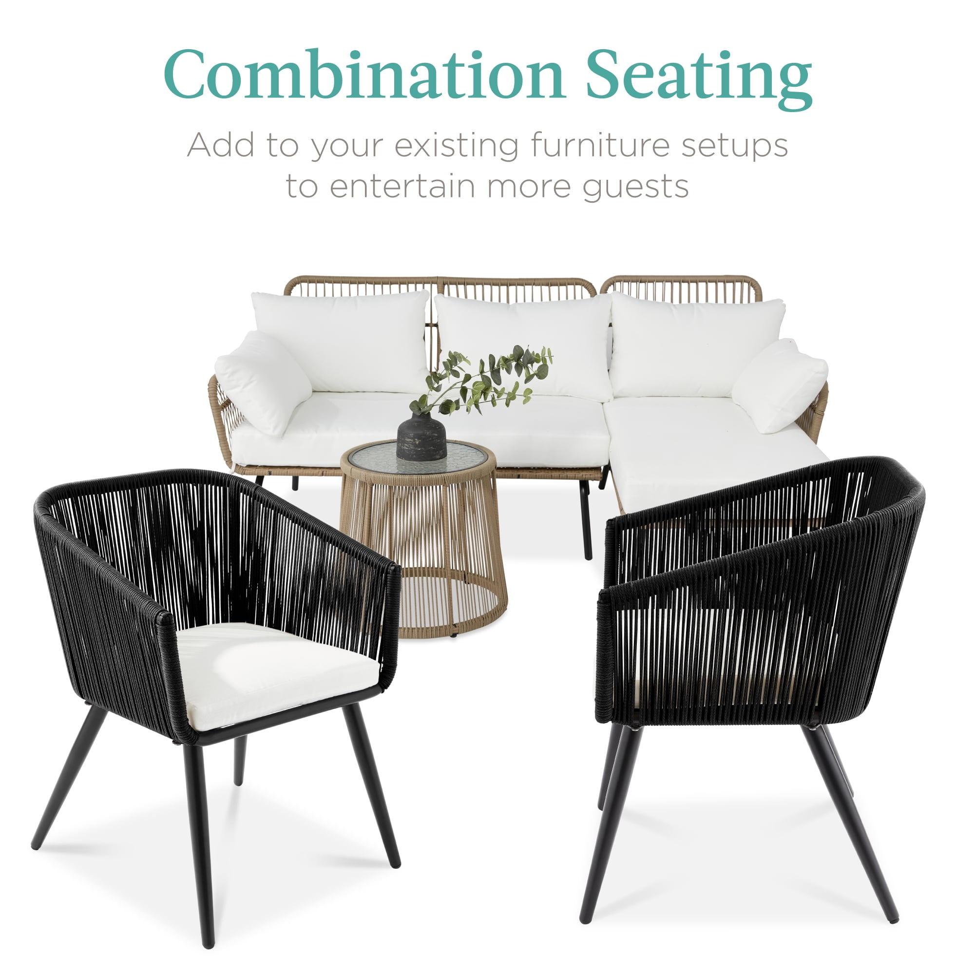 Best Choice Products Set of 2 Outdoor Patio Dining Chairs Woven Wicker Seating 250lb Capacity - Black/Ivory