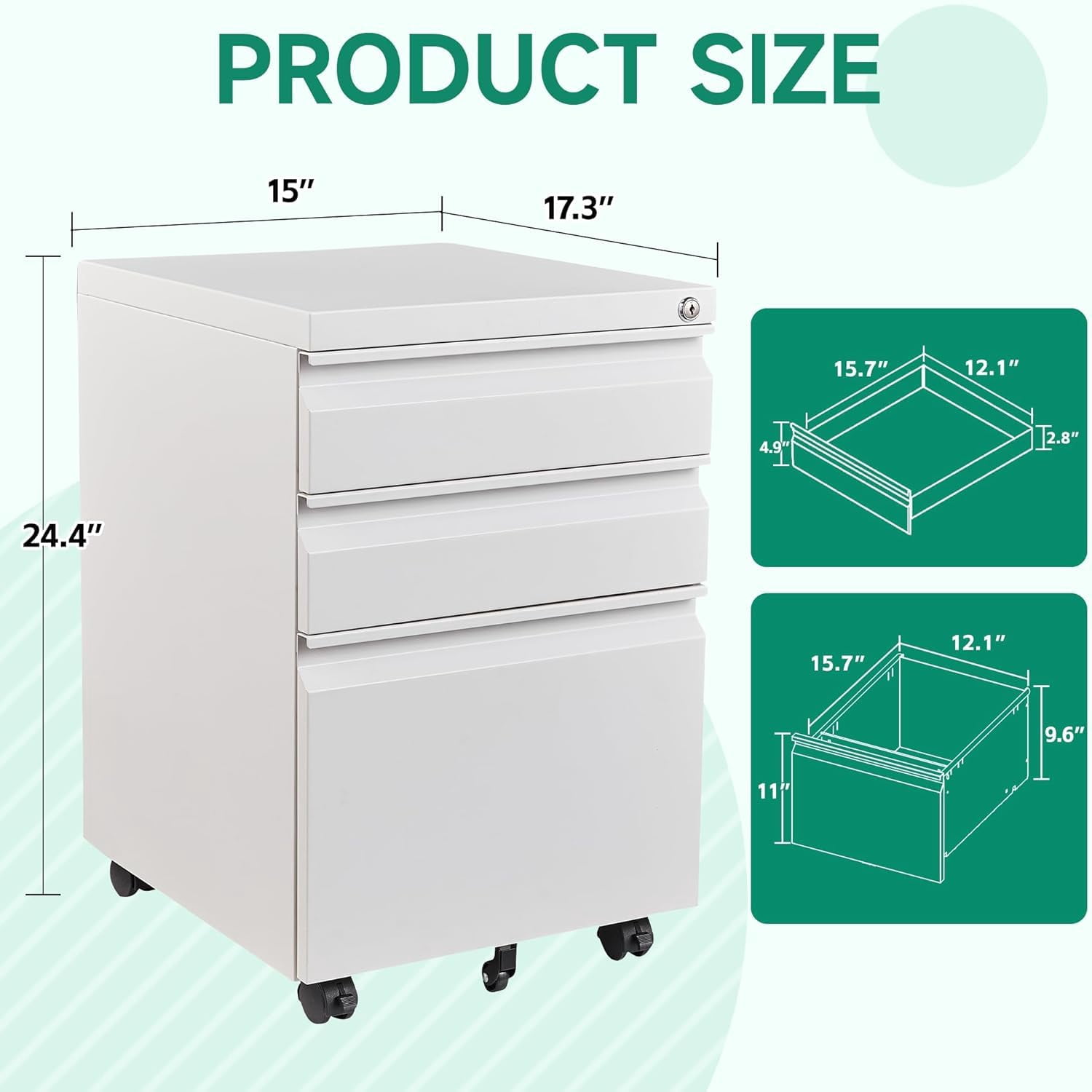 Steel Rolling File Cabinet 3 Drawers with Lock, Compact Under Desk Storage for Home Office, Fits A4 Legal Letter Folders, White