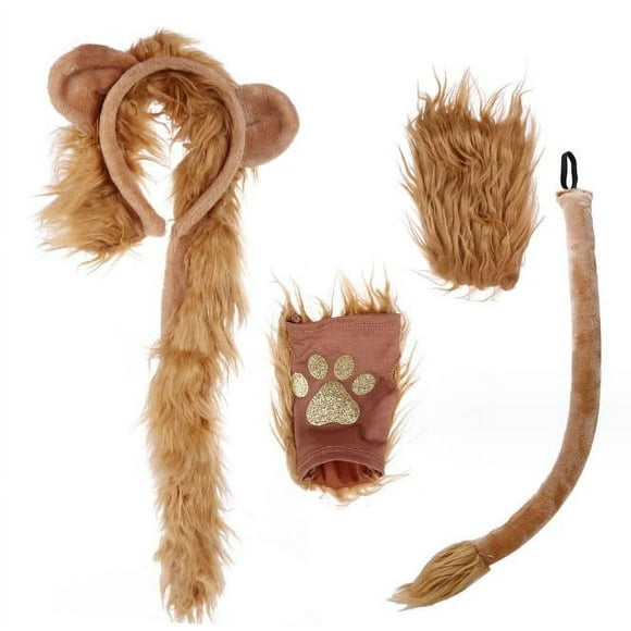 Lion Costume Set: Headband, Gloves, Tail - Perfect for Adults & Kids - Ideal for Mardi Gras, Animal Parties & C Party - 4PCS Fancy Dress Kit