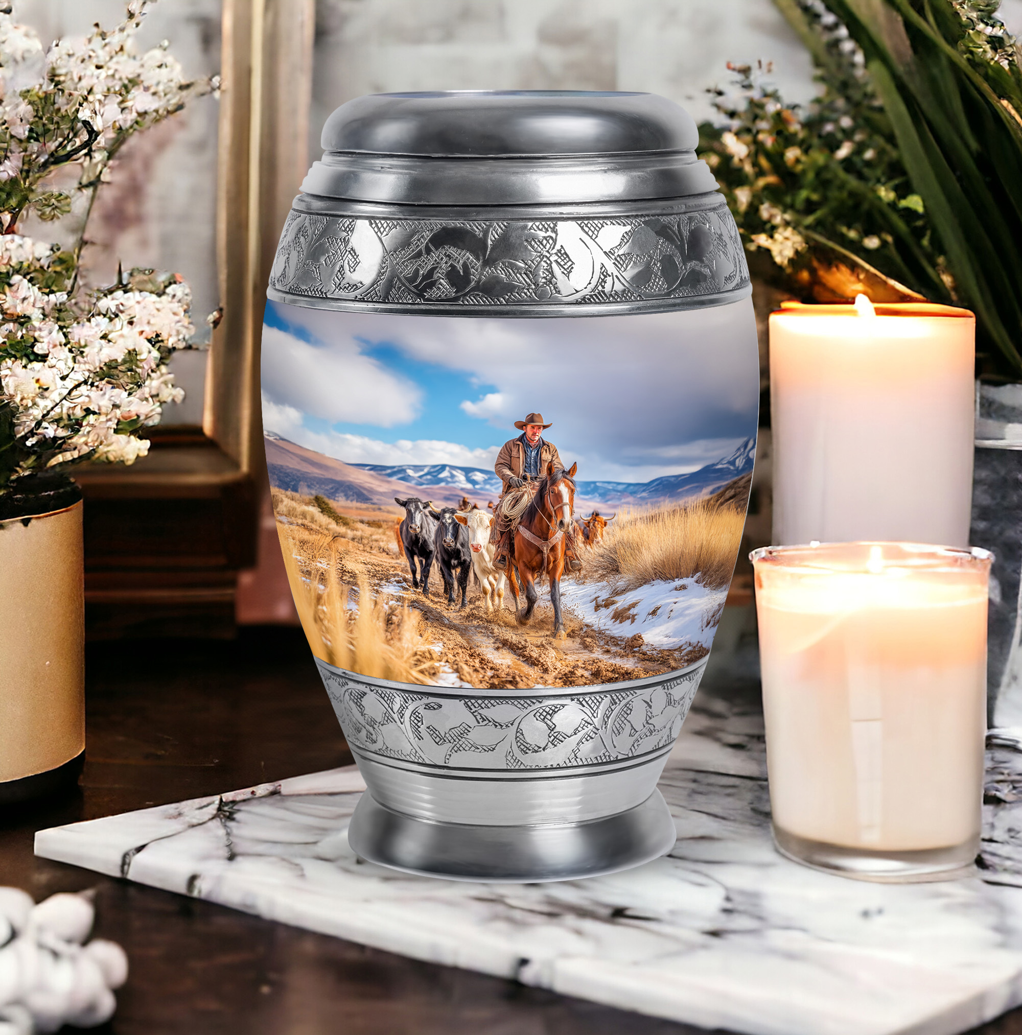 SABURIAL Cowboys Memorial Cremation Urns - Burial Urn for Ashes Adult Male - Large Funeral Urn for Ashes Adult Female - Decorative Urns for Women & Men - 10 Inch