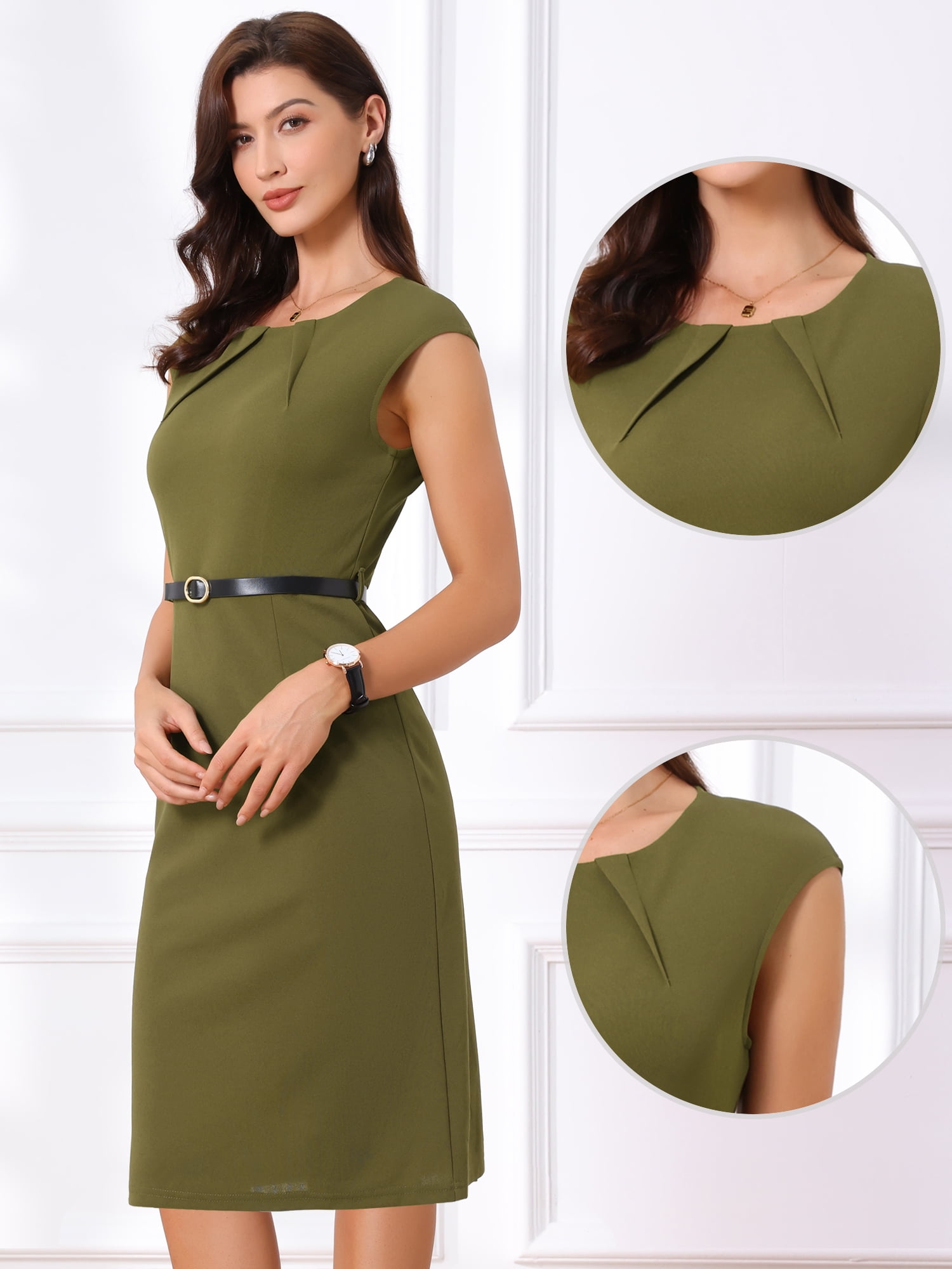 DARING DIVA Women's Work Elegant 2026 Cap Sleeve Belted Office Sheath Dress L Army Green