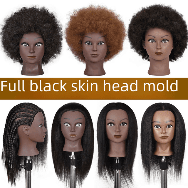 Cabeza de maniquí con piel negra, modelo de cabeza para enseñar, cara negra, modelo de cabeza con cabello real, cabello trenzado, permanente, tinte, modelado con soplado