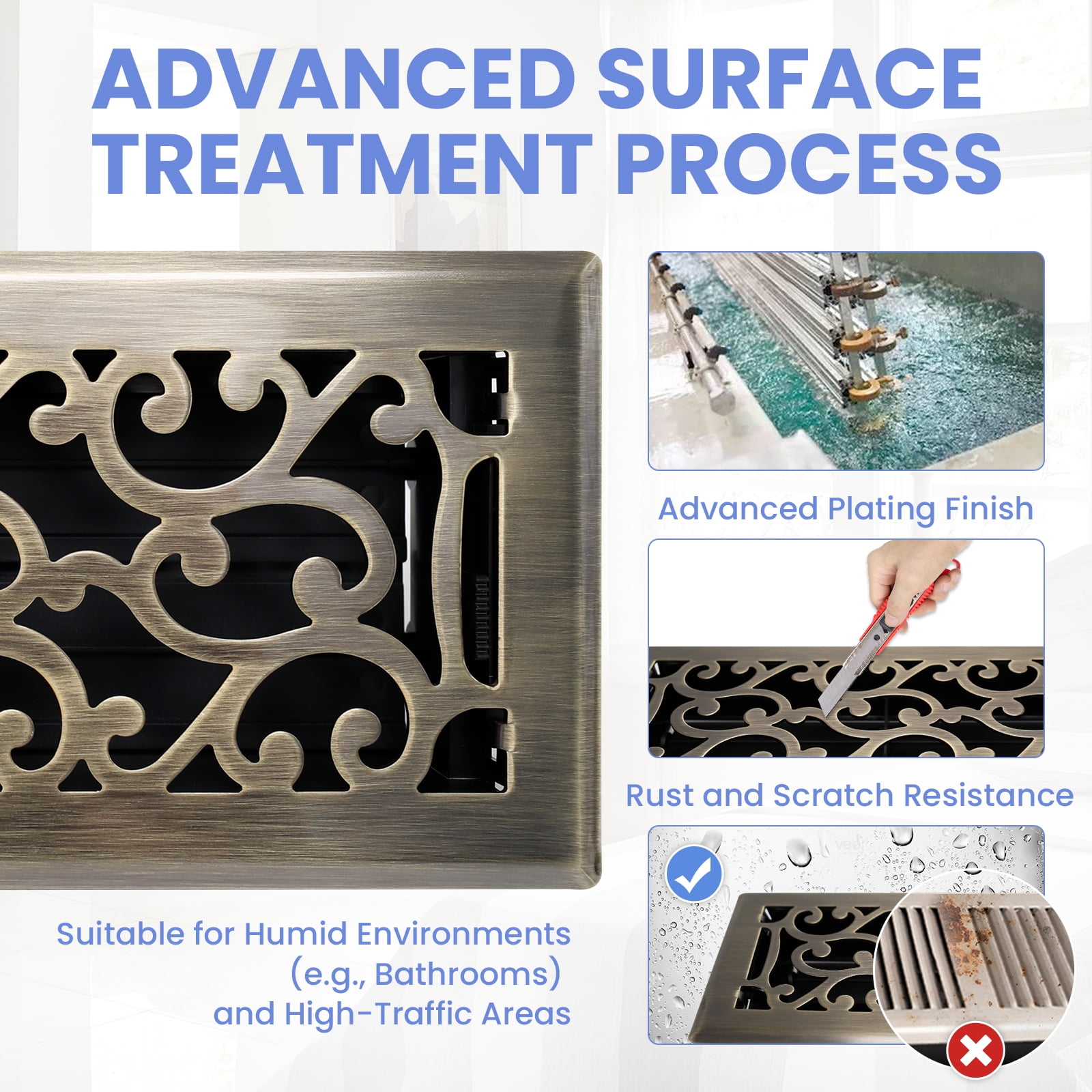 4x10 Inches 6 Pack Heavy Duty Walkable Floor Register - Easy Adjust Air Supply Lever Decorative Floor Vent Covers - Boston Design Vent Covers for Home - Antique Brass