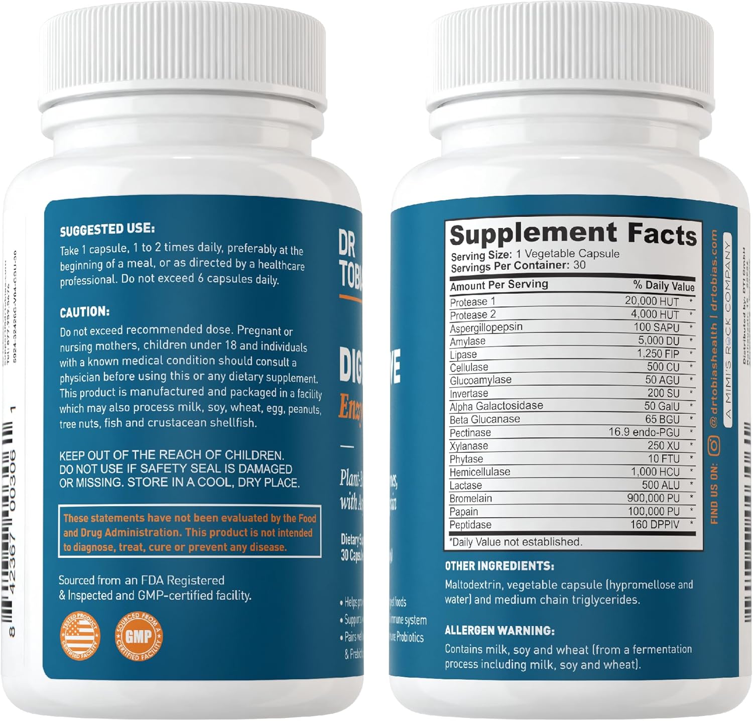 Dr. Tobias Digestive Enzymes Digestion Supplement with 18 Enzymes for Digestion and Gut Health | Includes Amylase Bromelain Lipase Lactase Protease Papain & More (60 Capsules 30 Servings)