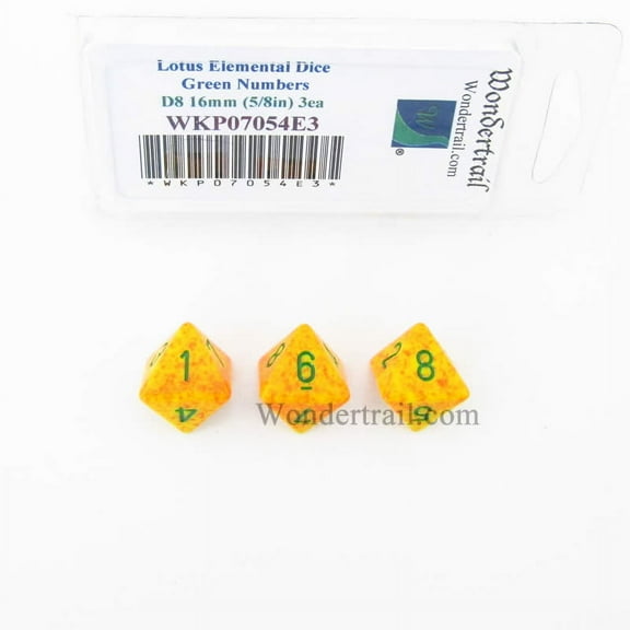 Lotus Elemental Dice with Green Numbers D8 16mm (5/8in) Pack of 3 Wondertrail