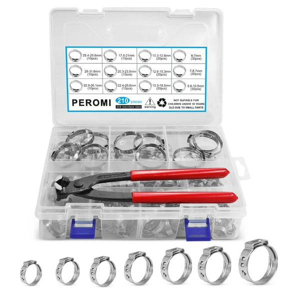 PEROMI 210pcs Single Ear Hose Clamp with Pincers Crimper Tool,12 Size 6-36.1mm 304 Stianless Steel Cinch Clamp Rings Assortment Kit for PEX Tube Fitting connections