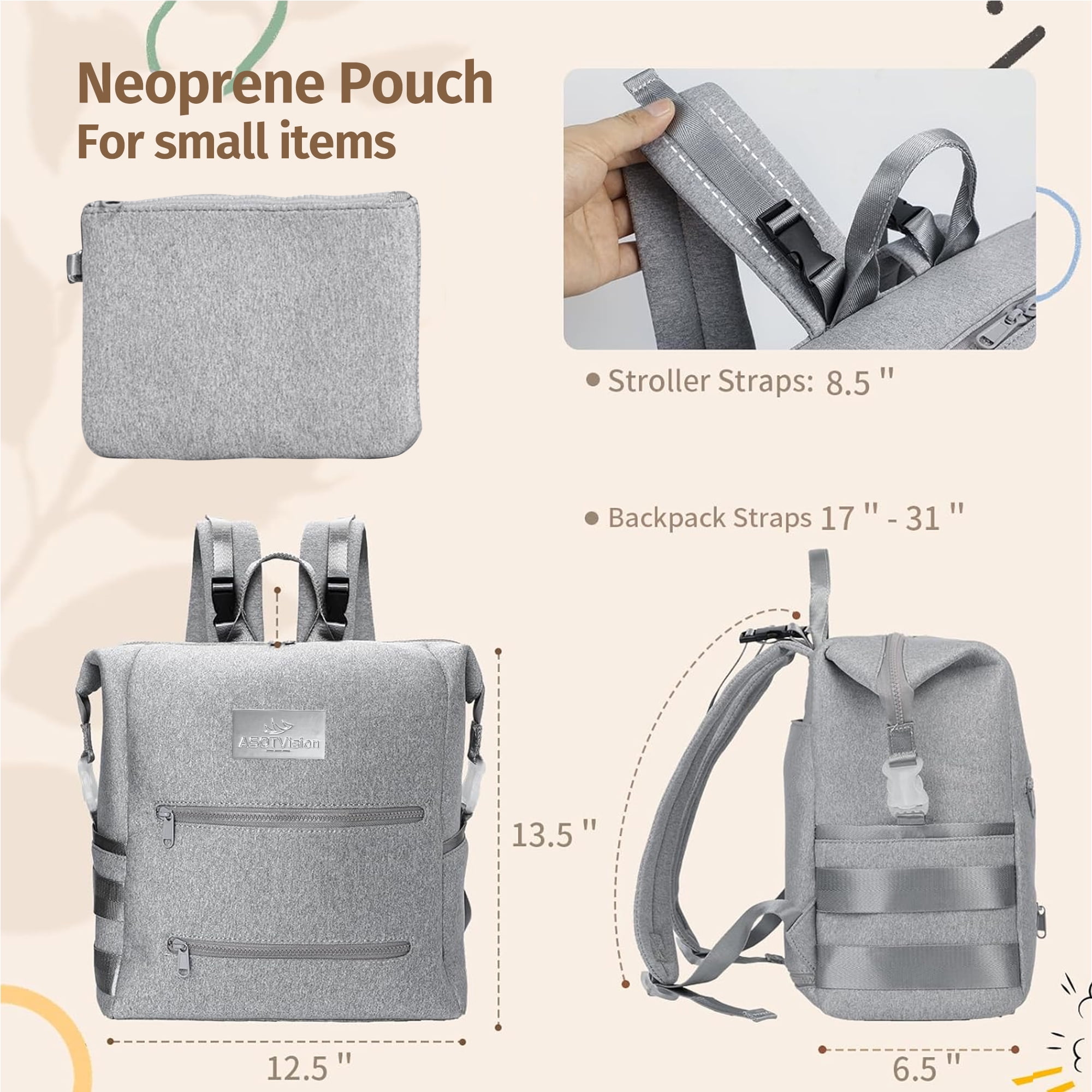 ASOTVision Neoprene Diaper Bag Backpack, Water-resistant, Travel Baby Bag With Changing Pad, Stroller Straps, Wet Bag and Pouch (Gray)