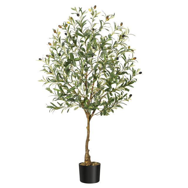 Árbol de Olivo Artificial Realista, Planta Falsa de Interior con Tronco Realista, Hojas y Frutos Naturales – Base de Musgo Seco – Decoración para Sala, Oficina, Patio o Recibidor