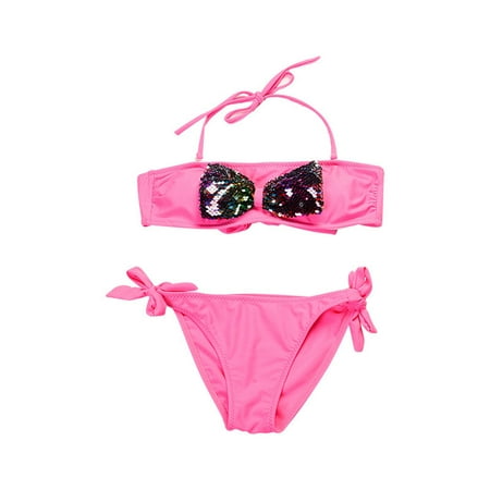 

Kid Girls Solid Paillette Bow Print Swimwear Swimsuit Bikini Sets