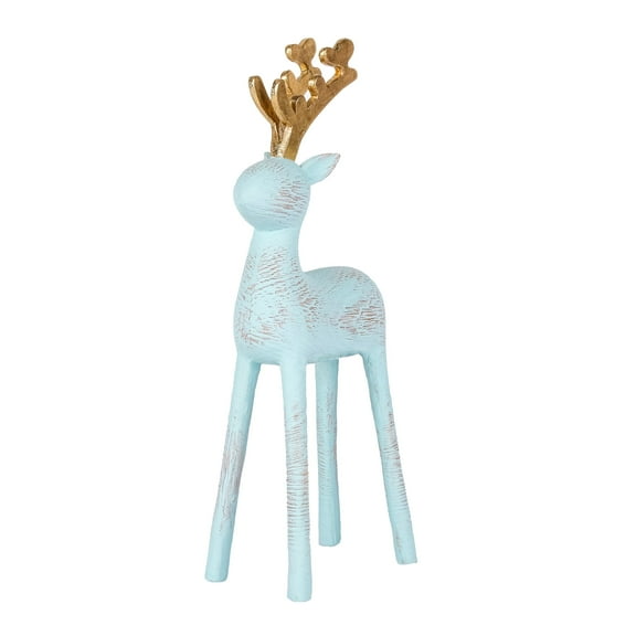 9 in. Christmas Figurine, Soft Blue, Woodgrain Reindeer, Gold Antlers
