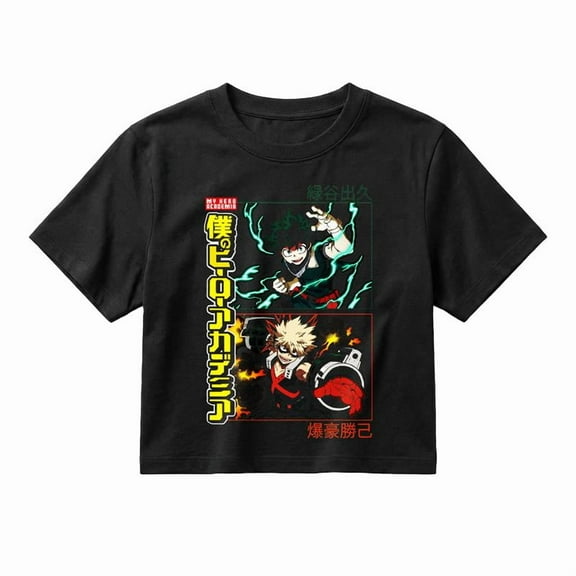 My Hero Academia Deku And Bakugo Women's Black Crew Neck Short Sleeve T-shirt-Medium