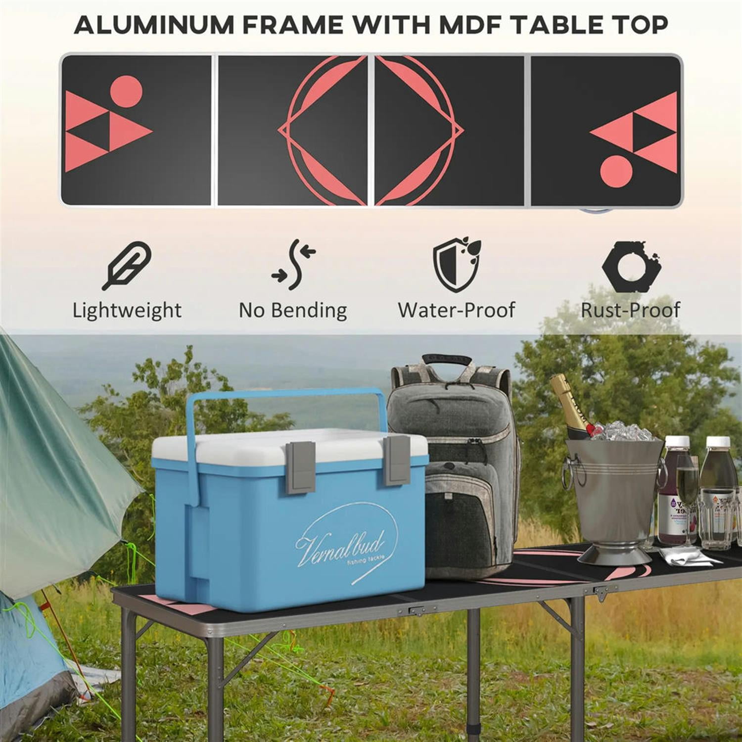 Demi Bonn Outdoor Aluminum Folding Table with Adjustable Legs, 8ft Picnic Table for BBQ, Beach, Hiking, Blue