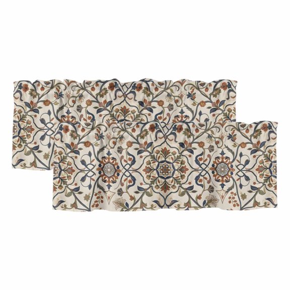 Vintage Floral Valances for Window 2 Pack, Traditional Ethnic Flowers Vine Leaf Window Valance Curtains for Kitchen, Rod Pocket Short Curtains for Bathroom Bedroom Decor, 54" x 18"