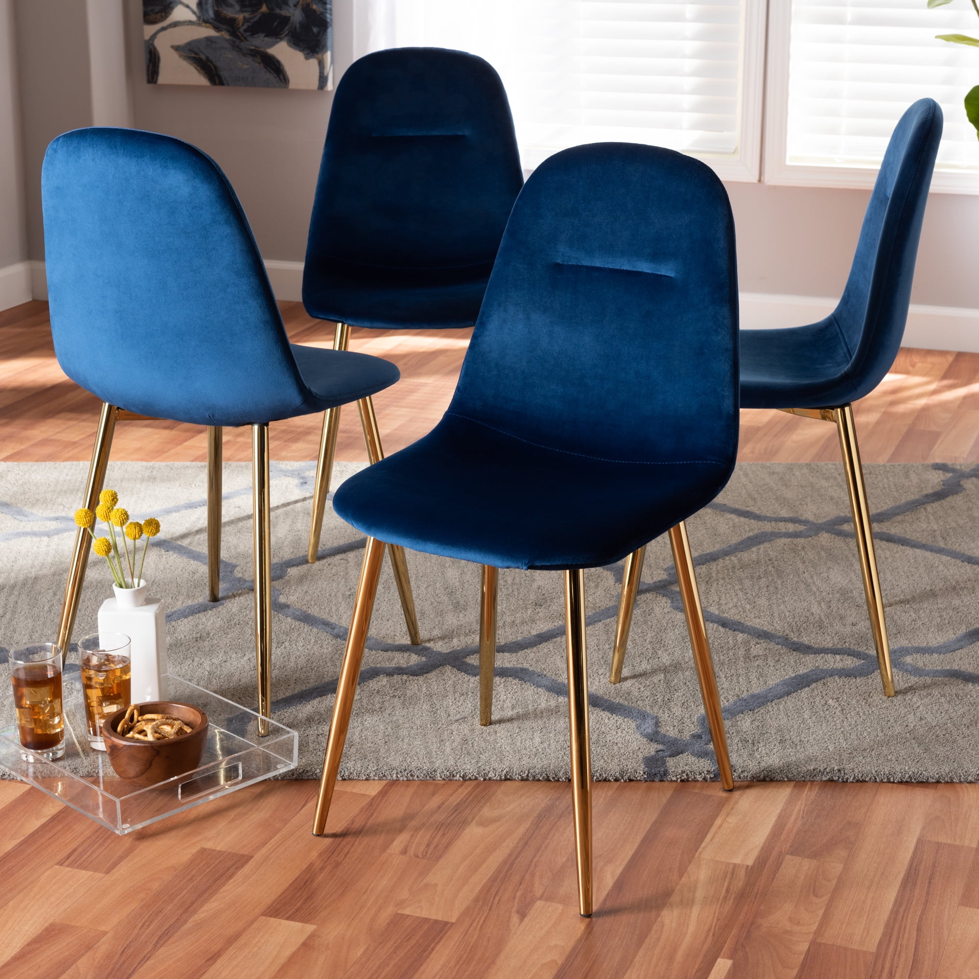 Baxton Studio Elyse Glam And Luxe Navy Blue Velvet Fabric Upholstered Gold Finished 4 Piece Metal Dining Chair Set Com Metal Dining Chair Set, Navy Blue Dining Chairs Set Of 4