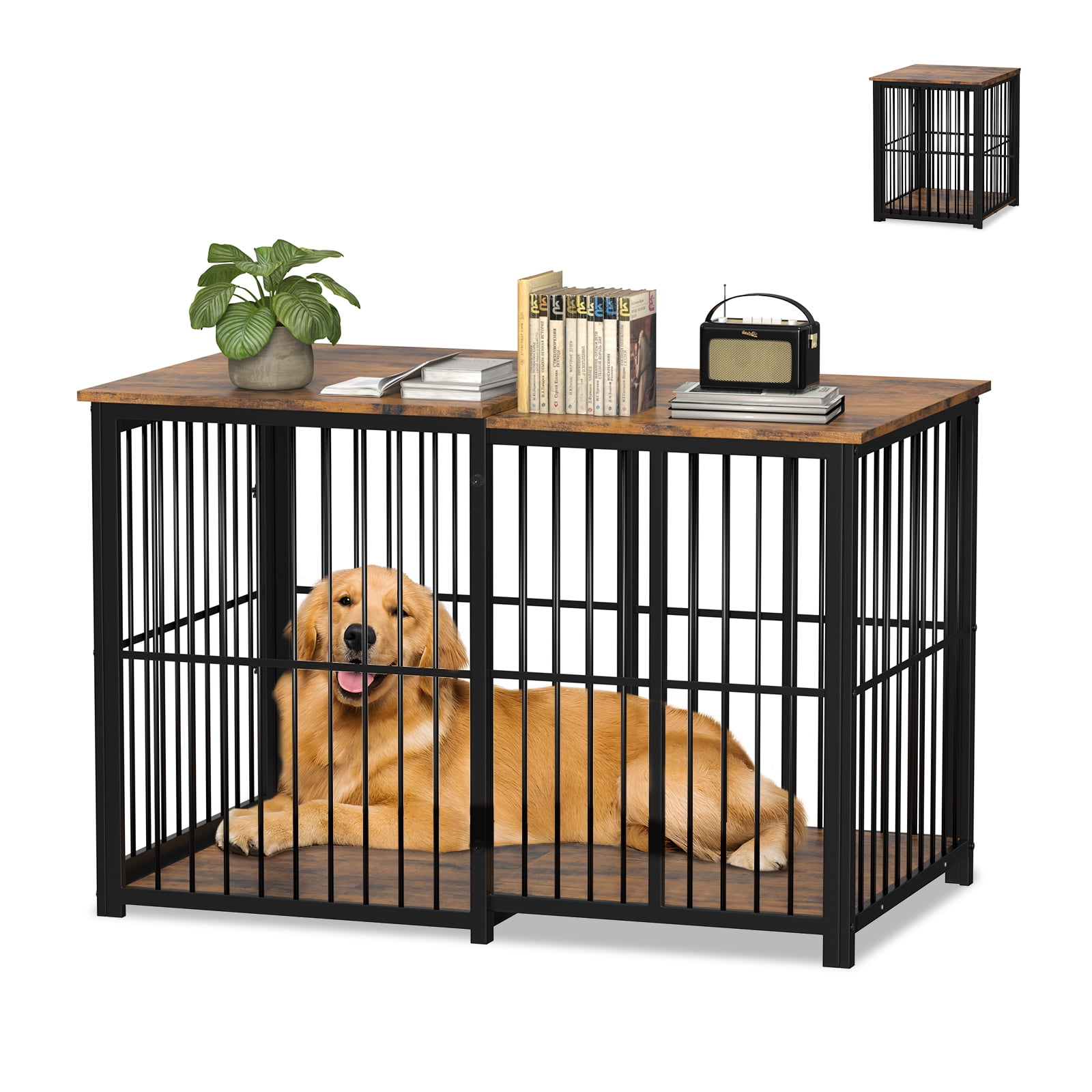 Erinnyees Large Dog Crate Furniture, Retractable Dog Kennel Furniture, Wooden Large Dog Kennel Indoor, Heavy-Duty Dog Cage Furniture with 3 Levels of Adjustable Size,45.6" L