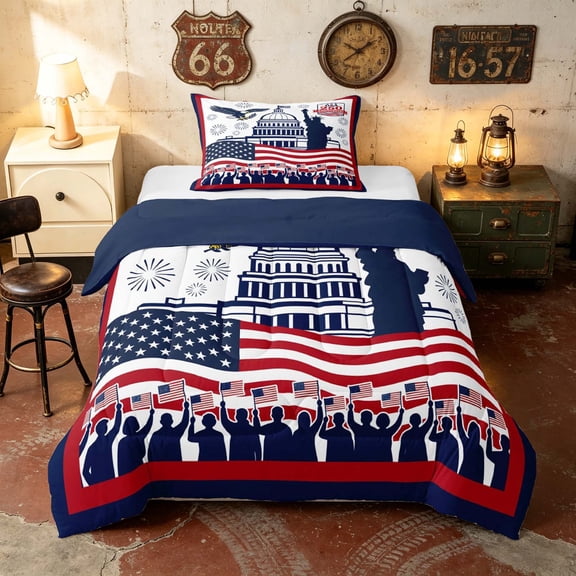 Manfei American Flag Twin Comforter Sets, Retro 250 Anniversary Bedding Set, Red Blue White, Navy Reversible 2 Pieces, 1 Comforter and 1 Pillowcase