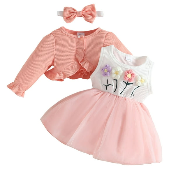 Splozh Toddler Baby Girl Birthday Outfit Sweet Baby Girl Long Sleeve Jacket Vest Flower Dress Hairband Set Pink,9-12 Months