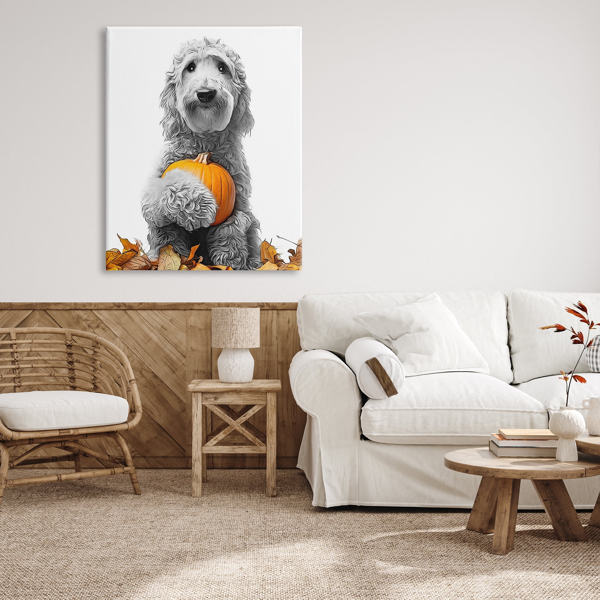 Stupell Industries Dog & Autumn Leaves Holiday Painting Gallery Wrapped Canvas Art Print Wall Art, 36 x 48
