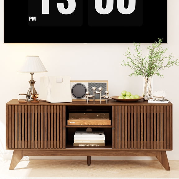 Oubayajia Mid-Century Modern 51" TV Stand for TVs up to 60, Wood TV Console with Waveform Sliding Doors and Storage, Curved Edge Television Stand, Entertainment Center for Living Room Bedroom,Walnut