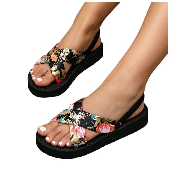 Rokment Womens Floral Platform Slingback Dress Sandals Boho Beach Casual Yoga Mat Cushioned Comfortable Elastic Ankle Strap Slingback Flat Summer Shoes Black Size 6