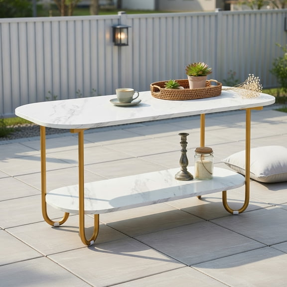 Spaco White Modern 2-Tier Faux Marble Top Coffee Table, Stylish Center Table with Metal Frame & Storage Shelf for Office, Bedroom & Living Room