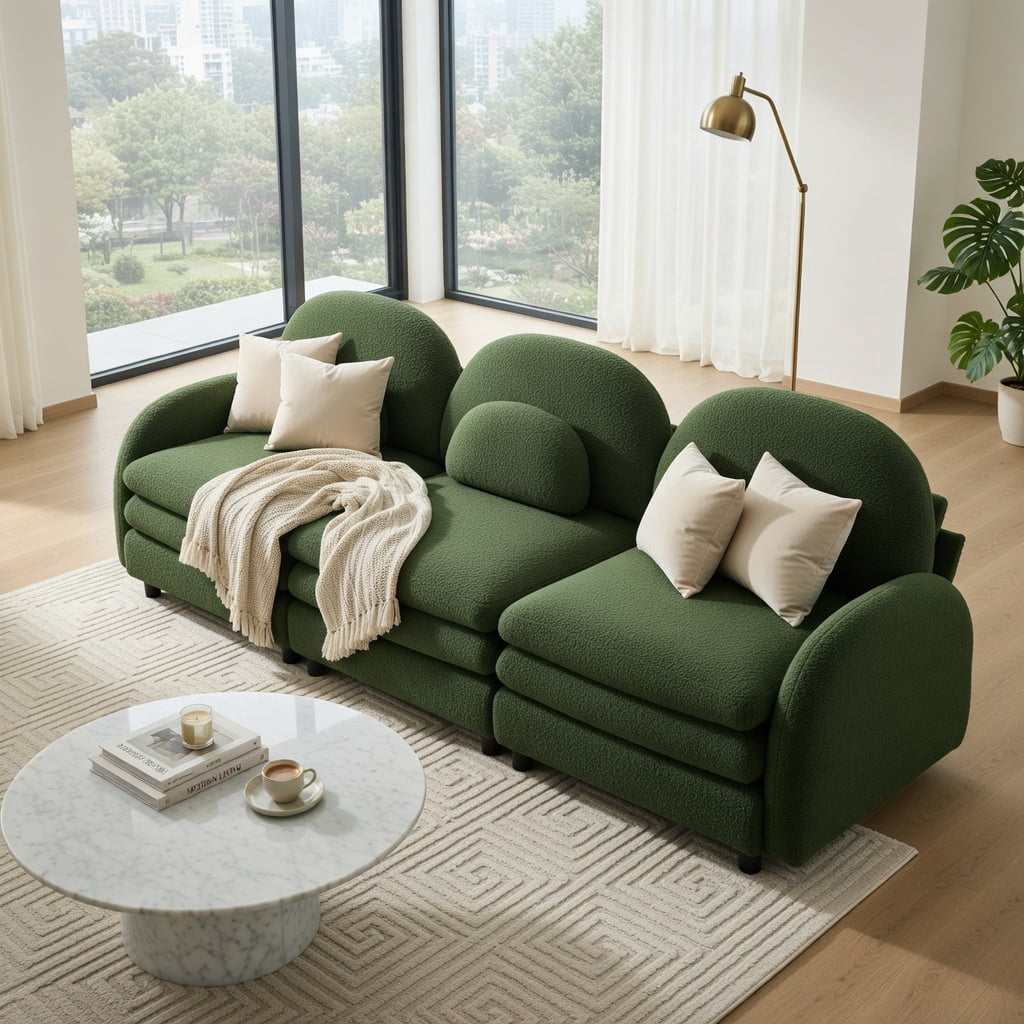 Hommoo Teddy Fleece Modular 3-Seat Sofa, Cloud-Like Comfort, Curved Backrest & Armrest, Double-Layer Cushioning, Lumbar Support Pillows, Green